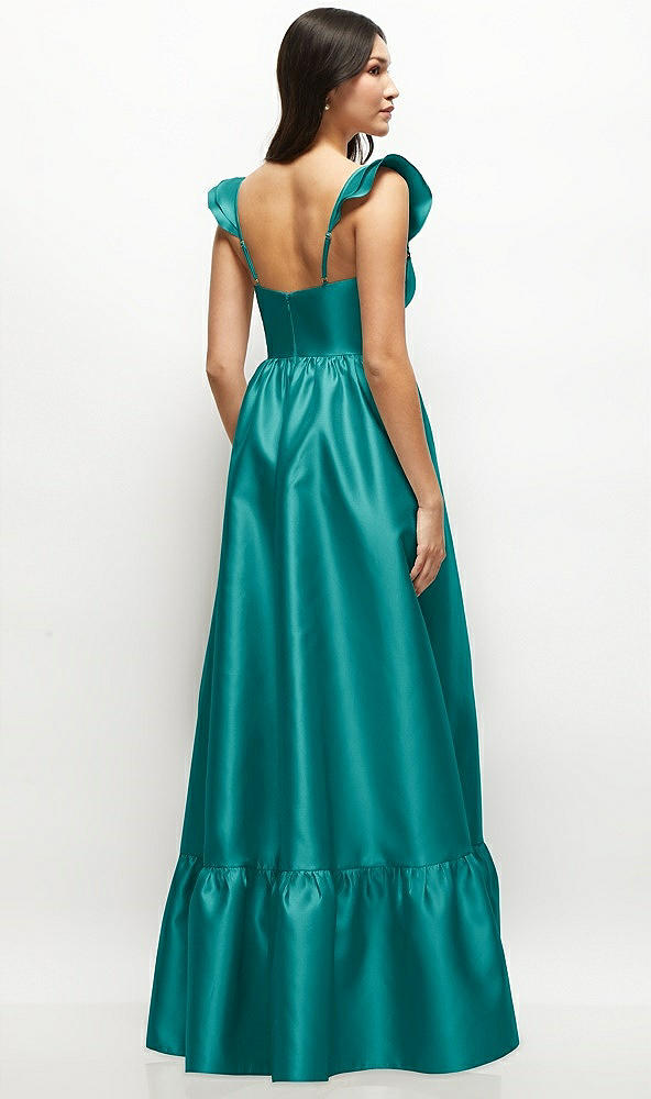 Back View - Jade Satin Corset Maxi Dress with Ruffle Straps & Skirt