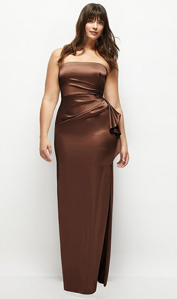 Front View - Cognac Strapless Draped Skirt Satin Maxi Dress with Cascade Ruffle