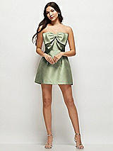 Front View Thumbnail - Sage Strapless Bell Skirt Satin Mini Dress with Oversized Bow