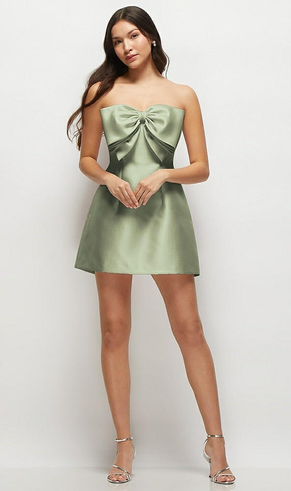 Front View - Sage Strapless Bell Skirt Satin Mini Dress with Oversized Bow