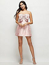 Front View Thumbnail - Bow And Blossom Print Strapless Bell Skirt Floral Satin Mini Dress with Oversized Bow