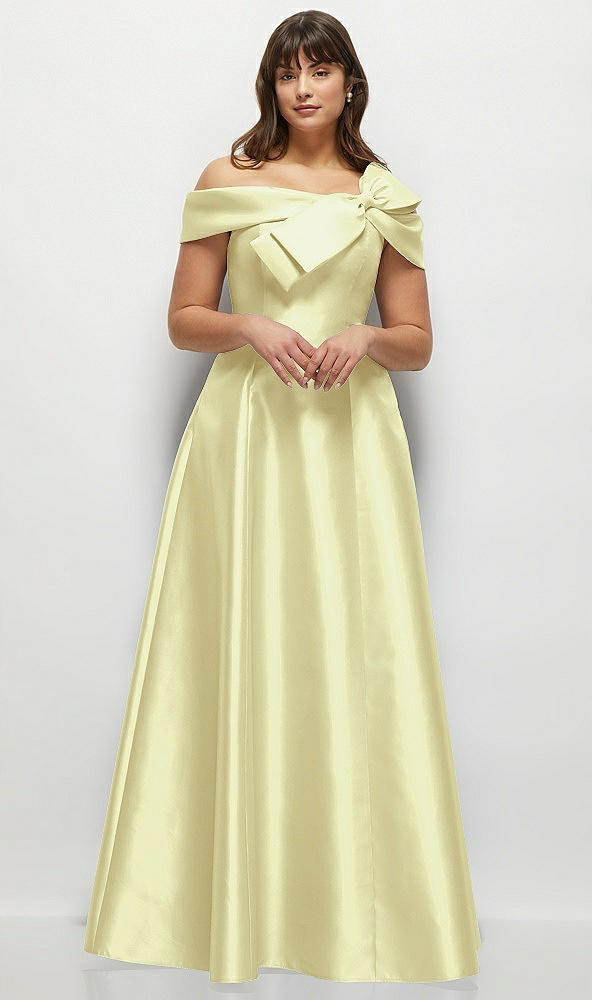 Front View - Butter Yellow Asymmetrical Bow Off-Shoulder Satin Gown with Ballroom Skirt