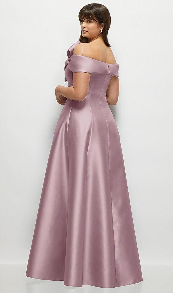 Back View - Dusty Rose Asymmetrical Bow Off-Shoulder Satin Gown with Ballroom Skirt