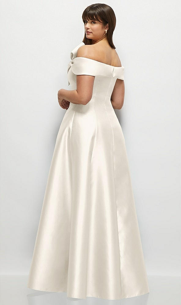 Back View - Ivory Asymmetrical Bow Off-Shoulder Satin Gown with Ballroom Skirt