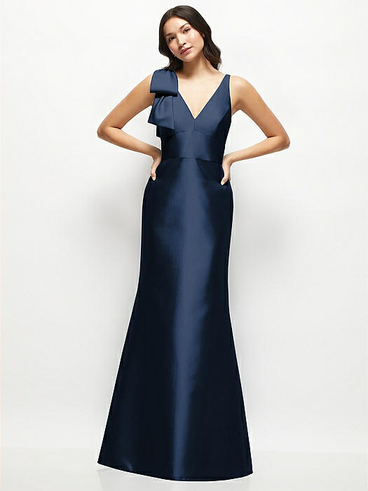 Deep V-back Satin Trumpet Dress with Cascading Bow at One Shoulder