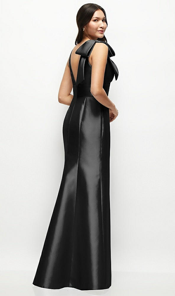 Back View - Black Deep V-back Satin Trumpet Dress with Cascading Bow at One Shoulder