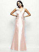 Front View Thumbnail - Blush Deep V-back Satin Trumpet Dress with Cascading Bow at One Shoulder