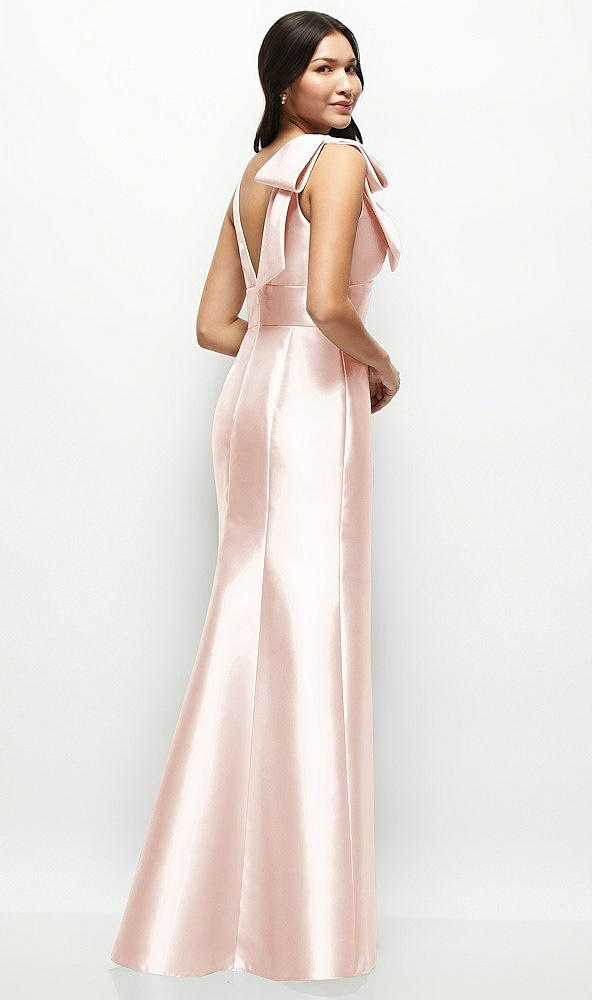 Back View - Blush Deep V-back Satin Trumpet Dress with Cascading Bow at One Shoulder