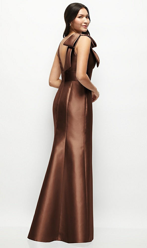 Back View - Cognac Deep V-back Satin Trumpet Dress with Cascading Bow at One Shoulder