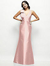 Front View Thumbnail - Rose Deep V-back Satin Trumpet Dress with Cascading Bow at One Shoulder