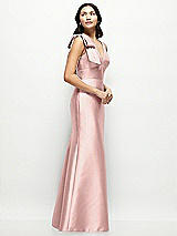 Side View Thumbnail - Rose Deep V-back Satin Trumpet Dress with Cascading Bow at One Shoulder