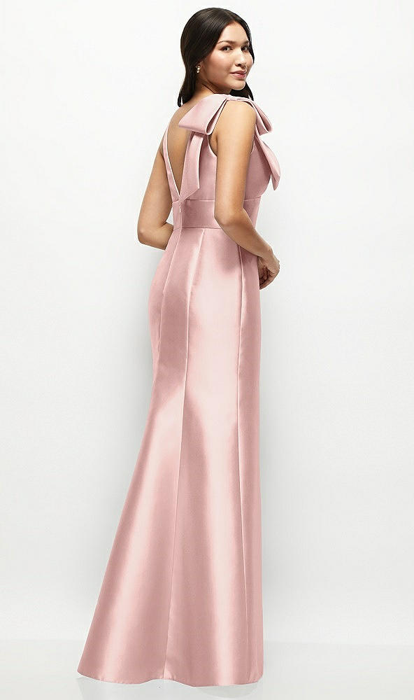 Back View - Rose Deep V-back Satin Trumpet Dress with Cascading Bow at One Shoulder