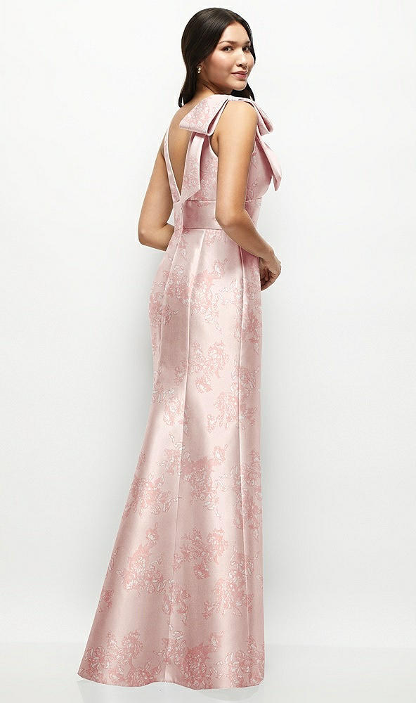 Back View - Bow And Blossom Print Deep V-back Floral Satin Trumpet Dress with One-Shoulder Cascading Bow