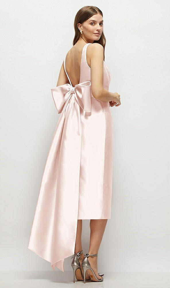 Back View - Blush Scoop Neck Corset Satin Midi Dress with Floor-Length Bow Tails