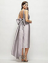 Rear View Thumbnail - Cashmere Gray Scoop Neck Corset Satin Midi Dress with Floor-Length Bow Tails