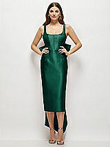 Front View Thumbnail - Hunter Green Scoop Neck Corset Satin Midi Dress with Floor-Length Bow Tails