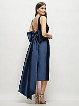 Rear View Thumbnail - Midnight Navy Scoop Neck Corset Satin Midi Dress with Floor-Length Bow Tails