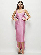 Front View Thumbnail - Powder Pink Scoop Neck Corset Satin Midi Dress with Floor-Length Bow Tails