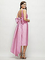 Rear View Thumbnail - Powder Pink Scoop Neck Corset Satin Midi Dress with Floor-Length Bow Tails