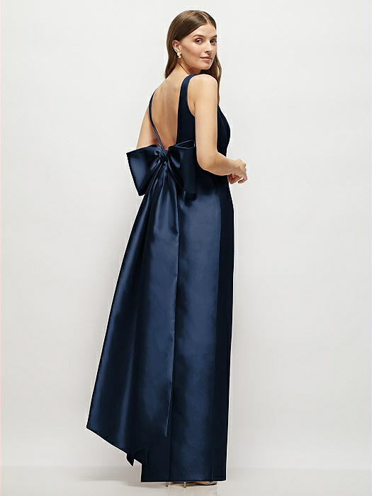 Scoop Neck Corset Satin Maxi Dress with Floor-Length Bow Tails