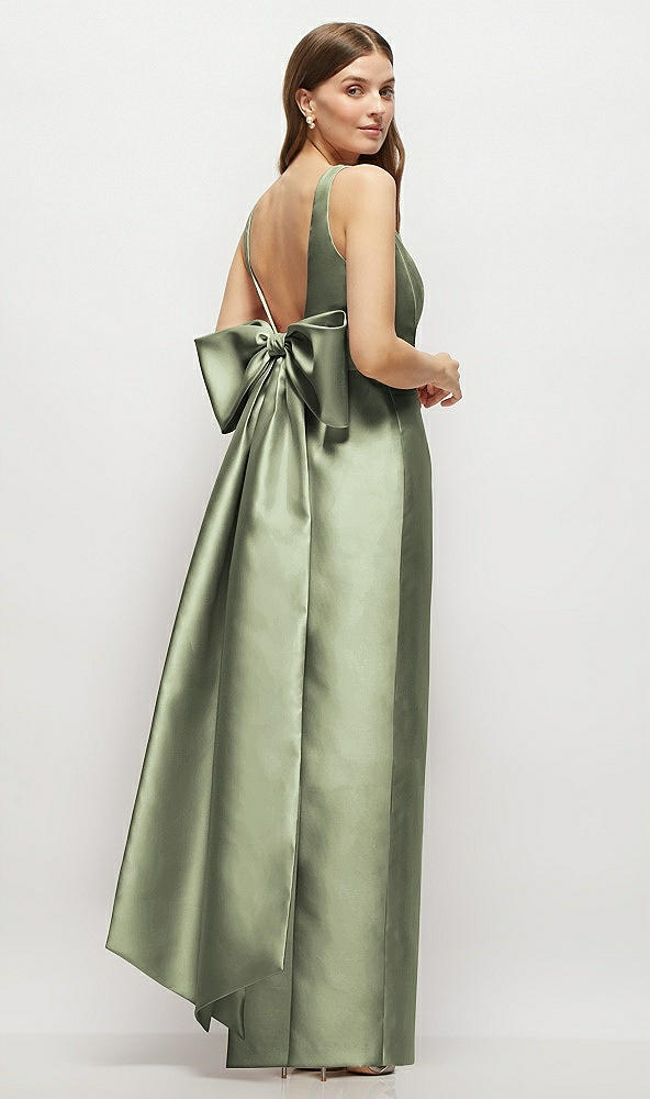 Front View - Sage Scoop Neck Corset Satin Maxi Dress with Floor-Length Bow Tails