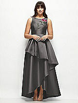 Side View Thumbnail - Caviar Gray Beaded Floral Bodice Satin Maxi Dress with Layered Ballgown Skirt