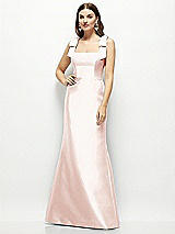 Front View Thumbnail - Blush Satin Fit and Flare Maxi Dress with Shoulder Bows