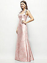 Side View Thumbnail - Bow And Blossom Print Floral Satin Fit and Flare Maxi Dress with Shoulder Bows