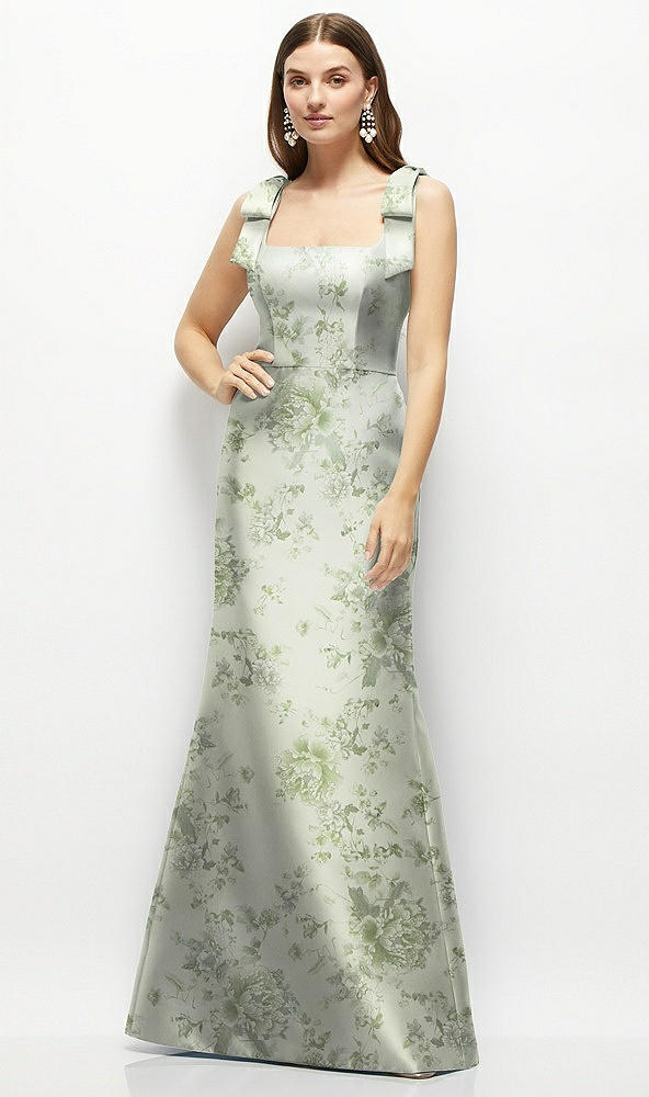 Front View - Sage Cottage Rose Floral Satin Fit and Flare Maxi Dress with Shoulder Bows