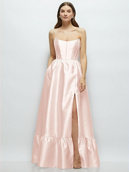 Strapless Cat-Eye Boned Bodice Maxi Dress with Ruffle Hem