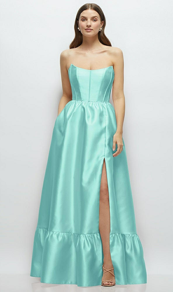 Front View - Coastal Strapless Cat-Eye Boned Bodice Maxi Dress with Ruffle Hem