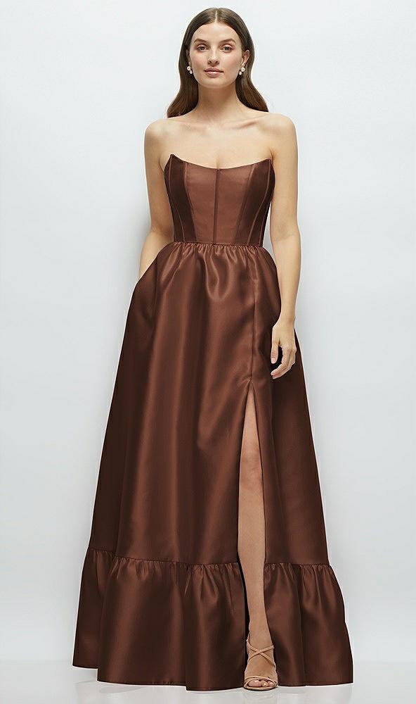 Front View - Cognac Strapless Cat-Eye Boned Bodice Maxi Dress with Ruffle Hem