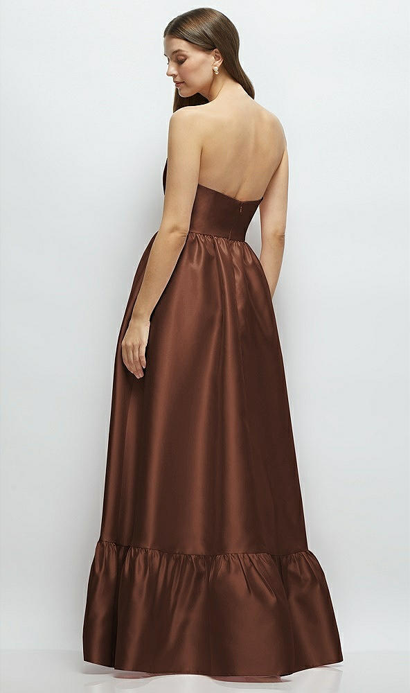 Back View - Cognac Strapless Cat-Eye Boned Bodice Maxi Dress with Ruffle Hem