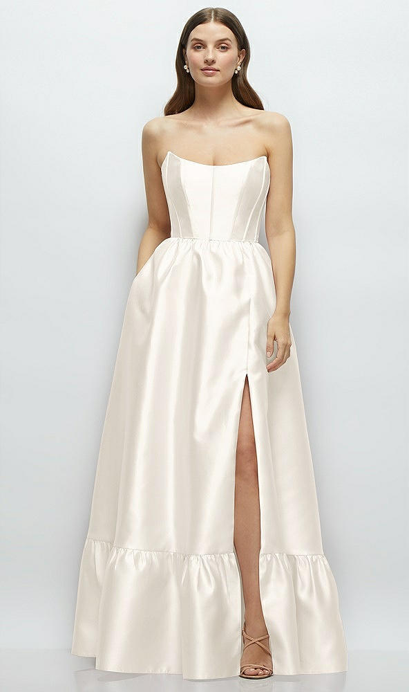 Front View - Ivory Strapless Cat-Eye Boned Bodice Maxi Dress with Ruffle Hem