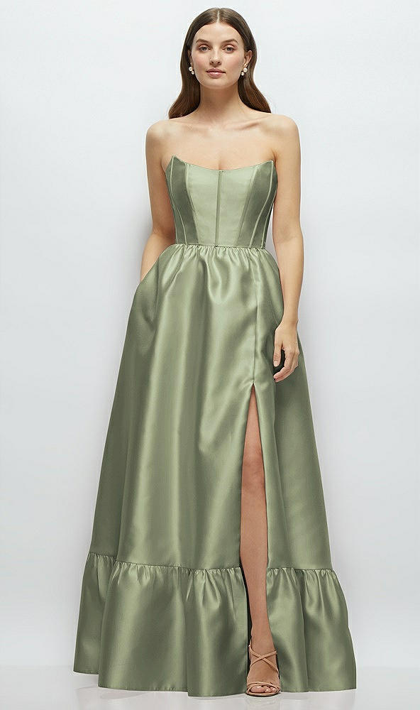 Front View - Sage Strapless Cat-Eye Boned Bodice Maxi Dress with Ruffle Hem