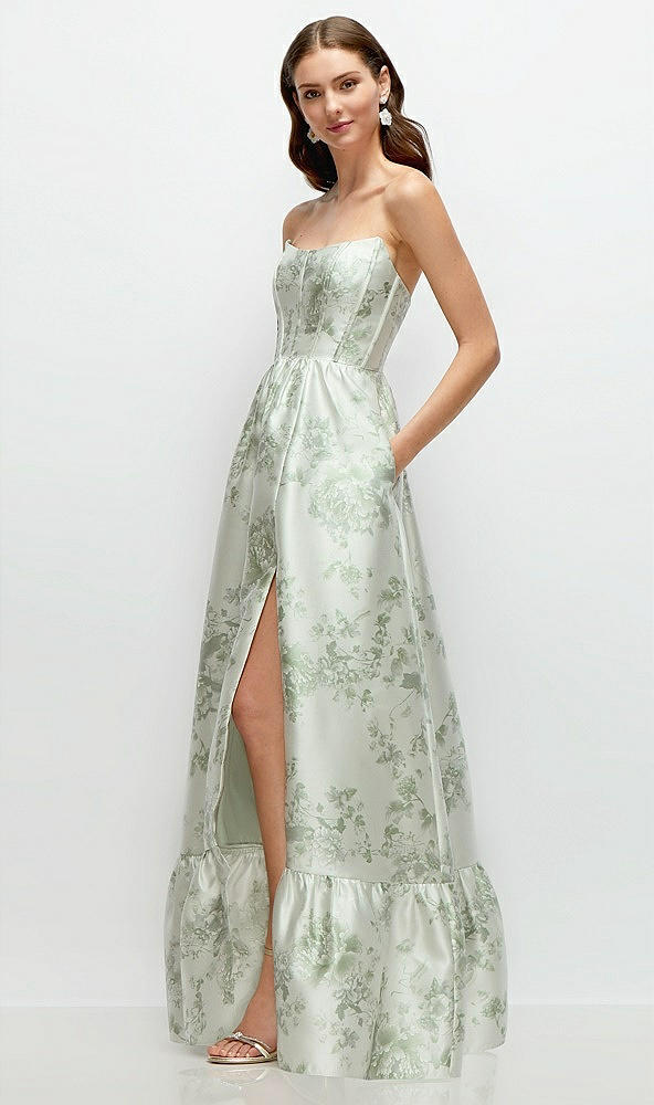 Front View - Sage Cottage Rose Floral Strapless Cat-Eye Boned Bodice Maxi Dress with Ruffle Hem