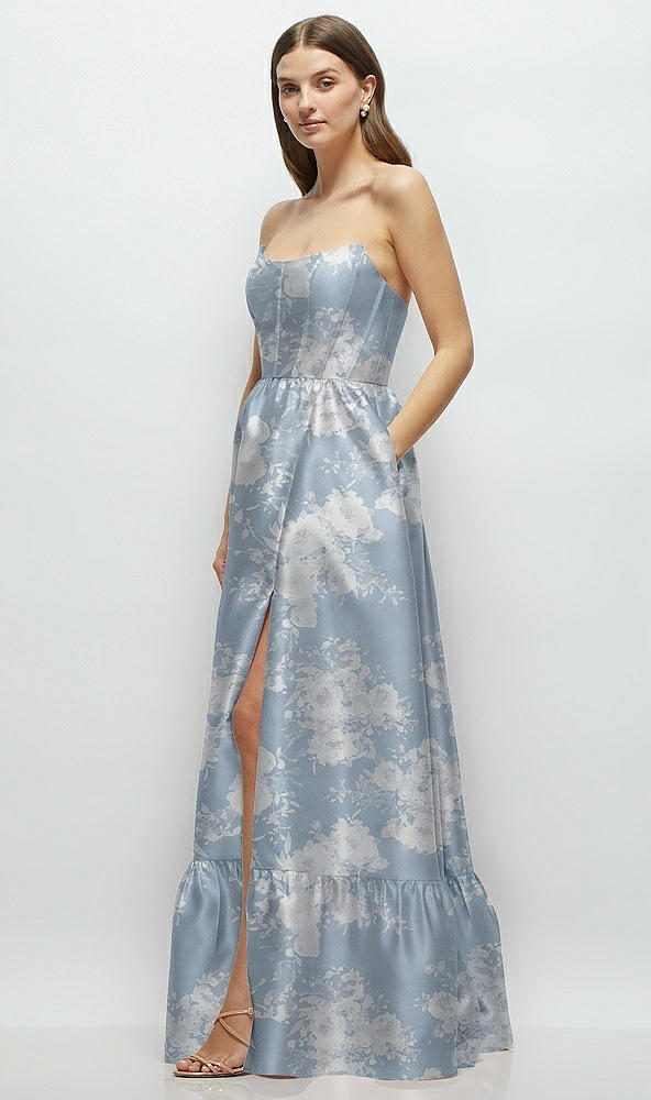 Front View - Porcelain Blue Seraphina Floral Floral Strapless Cat-Eye Boned Bodice Maxi Dress with Ruffle Hem