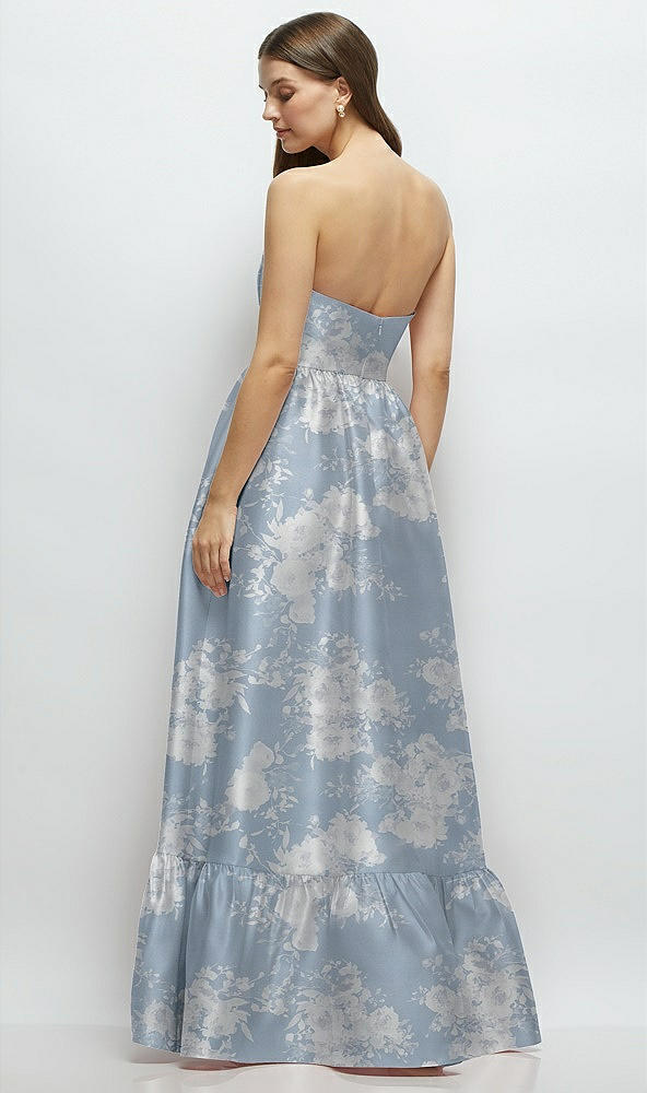 Back View - Porcelain Blue Seraphina Floral Floral Strapless Cat-Eye Boned Bodice Maxi Dress with Ruffle Hem