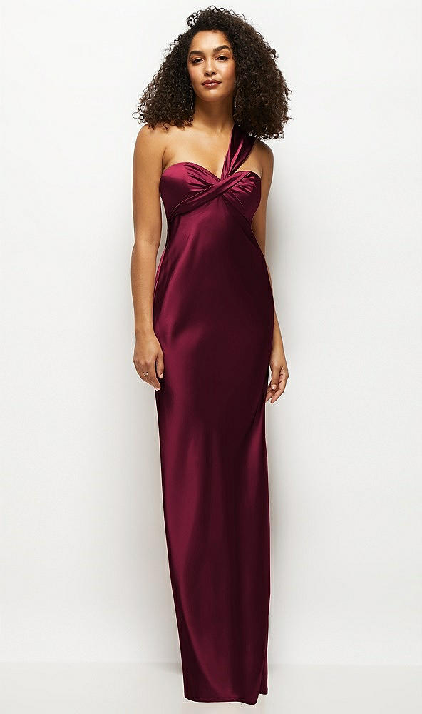 Front View - Cabernet Satin Twist Bandeau One-Shoulder Bias Maxi Dress