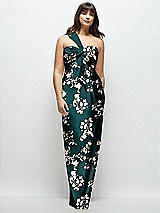 Front View Thumbnail - Vintage Primrose Evergreen Floral Satin Twist Bandeau One-Shoulder Bias Maxi Dress