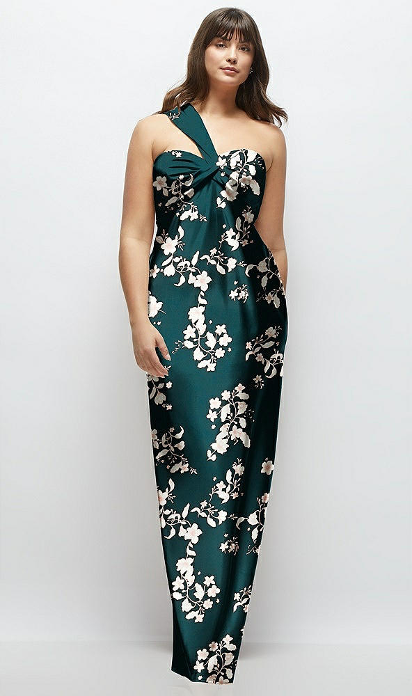 Front View - Vintage Primrose Evergreen Floral Satin Twist Bandeau One-Shoulder Bias Maxi Dress