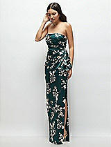 Side View Thumbnail - Vintage Primrose Evergreen Strapless Draped Skirt Floral Satin Maxi Dress with Cascade Ruffle