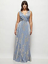 Front View Thumbnail - Larkspur Gold Foil Draped V-Neck Gold Floral Metallic Pleated Maxi Dress