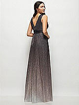 Rear View Thumbnail - Plum Noir Draped V-Neck Ombre Pleated Metallic Maxi Dress with Deep V-Back