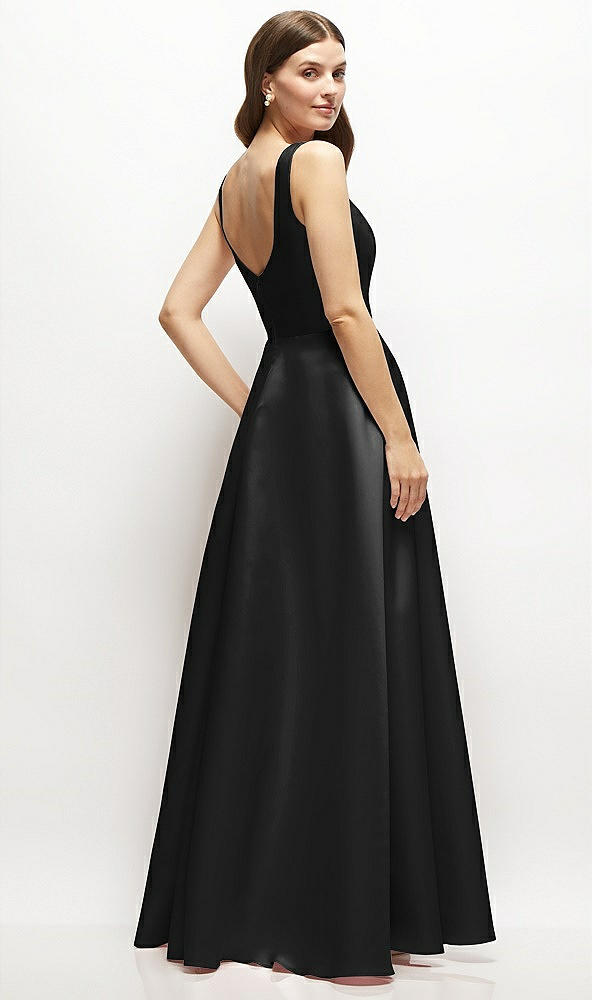 Back View - Black Square-Neck Satin Maxi Dress with Full Skirt