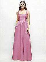 Front View Thumbnail - Powder Pink Square-Neck Satin Maxi Dress with Full Skirt