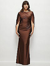 Alt View 1 Thumbnail - Cognac Draped Stretch Satin Maxi Dress with Built-in Capelet