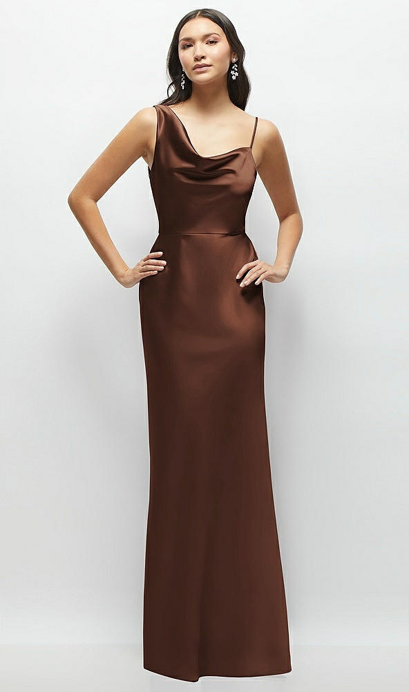 Front View - Cognac One-Shoulder Draped Cowl A-Line Satin Maxi Dress