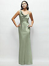 Front View Thumbnail - Sage One-Shoulder Draped Cowl A-Line Satin Maxi Dress