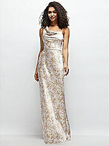 Front View Thumbnail - Golden Hour One-Shoulder Draped Cowl A-Line Floral Satin Maxi Dress